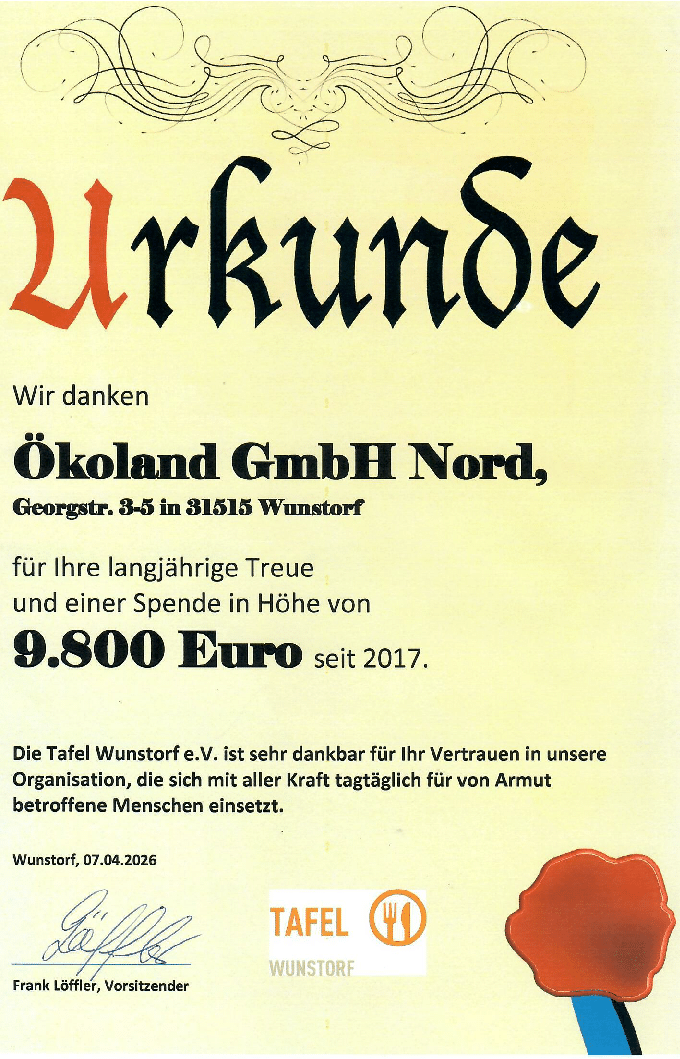 Ökoland unterstützt die Tafel Deutschland seit mehreren Jahren mit Sachspenden und fördert zusätzlich die Tafel Wunstorf seit 2020 für regionale Lebensmittelhilfe.