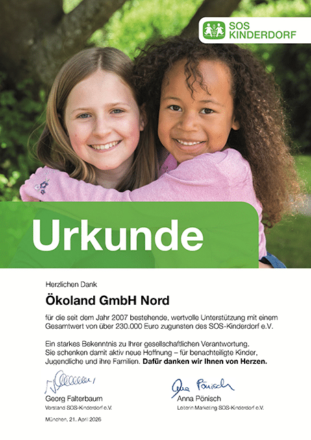 Seit 2009 unterstützt Oekoland SOS-Kinderdorf Deutschland mit über 230.000 Euro und fördert Projekte für Kinder, Jugendliche und Familien in Notlagen.