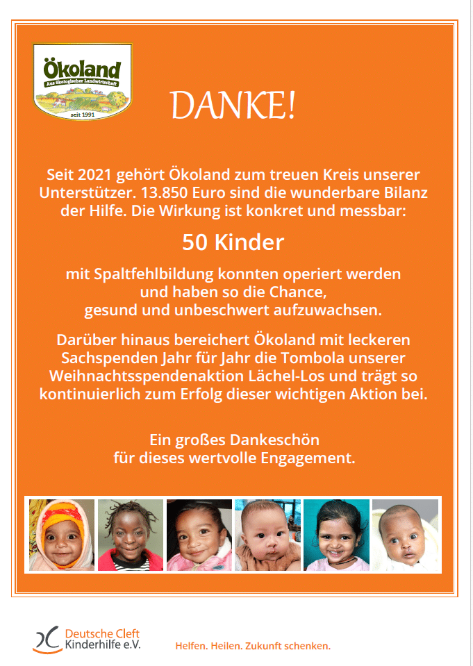 Ökoland unterstützt die Cleft Kinderhilfe für medizinische Hilfe weltweit
