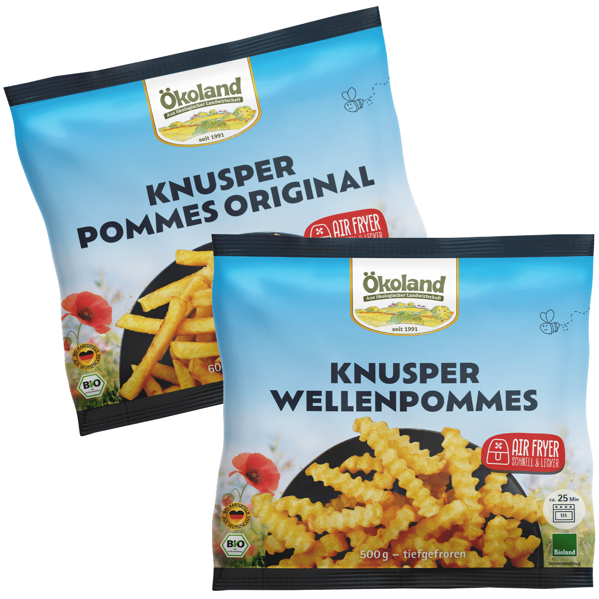 Verpackungen von Ökoland Knusper Pommes Original und Knusper Wellenpommes