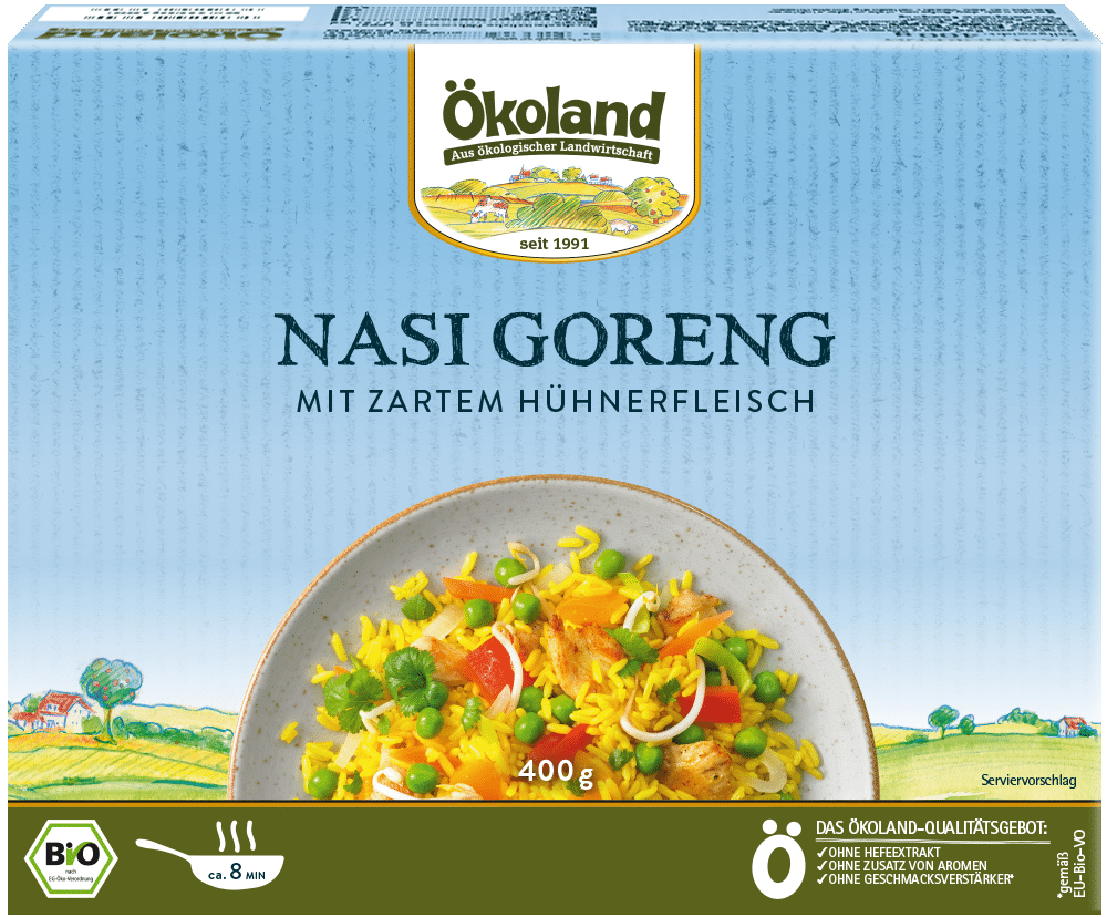 Reisgericht nach indonesischer Art mit goldgelbem Reis und zartem Hühnerfleisch, exotisch abgeschmeckt, tiefgefroren.