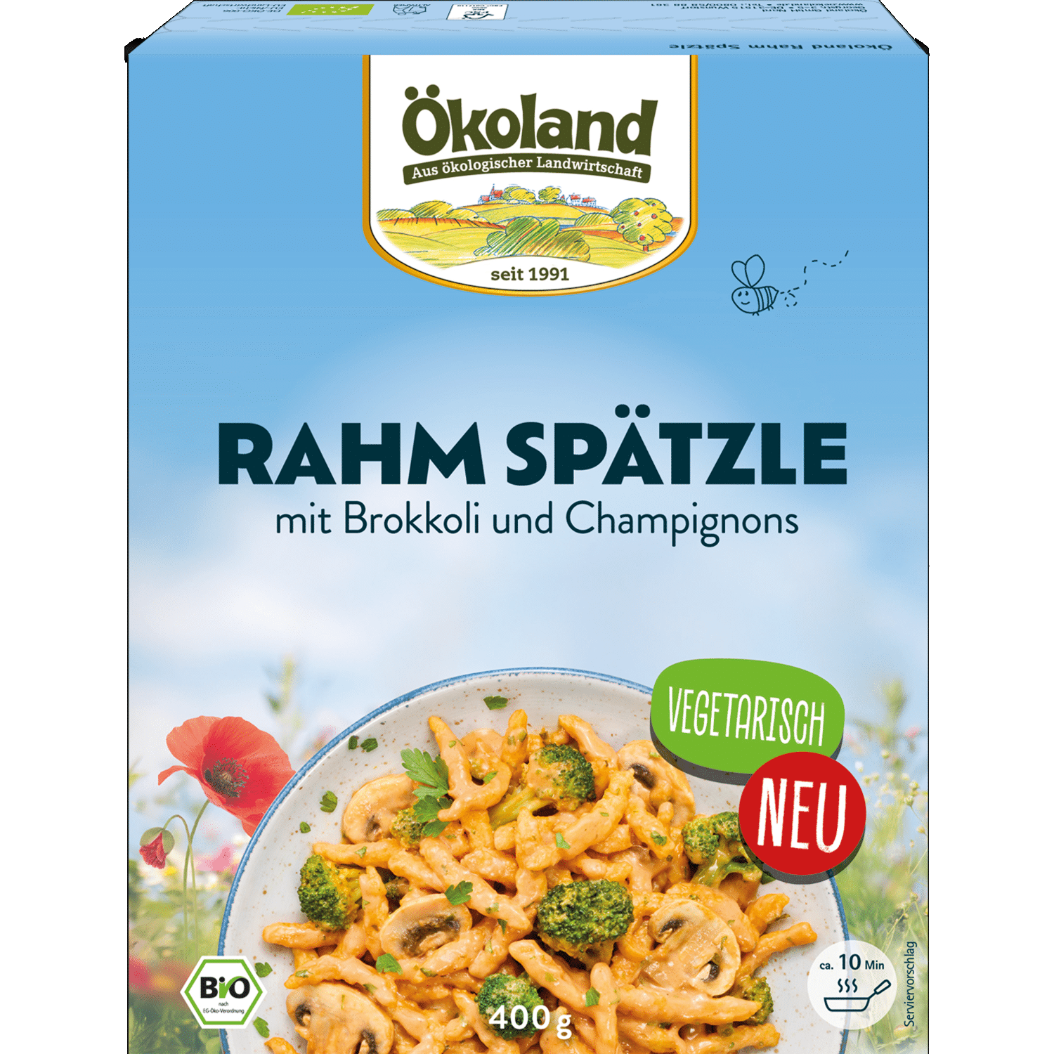Rahm Spätzle - Gegarte Spätzle mit Brokkoli und Champignons in einer würzigen Rahmsauce (16%).  Tiefgefroren.