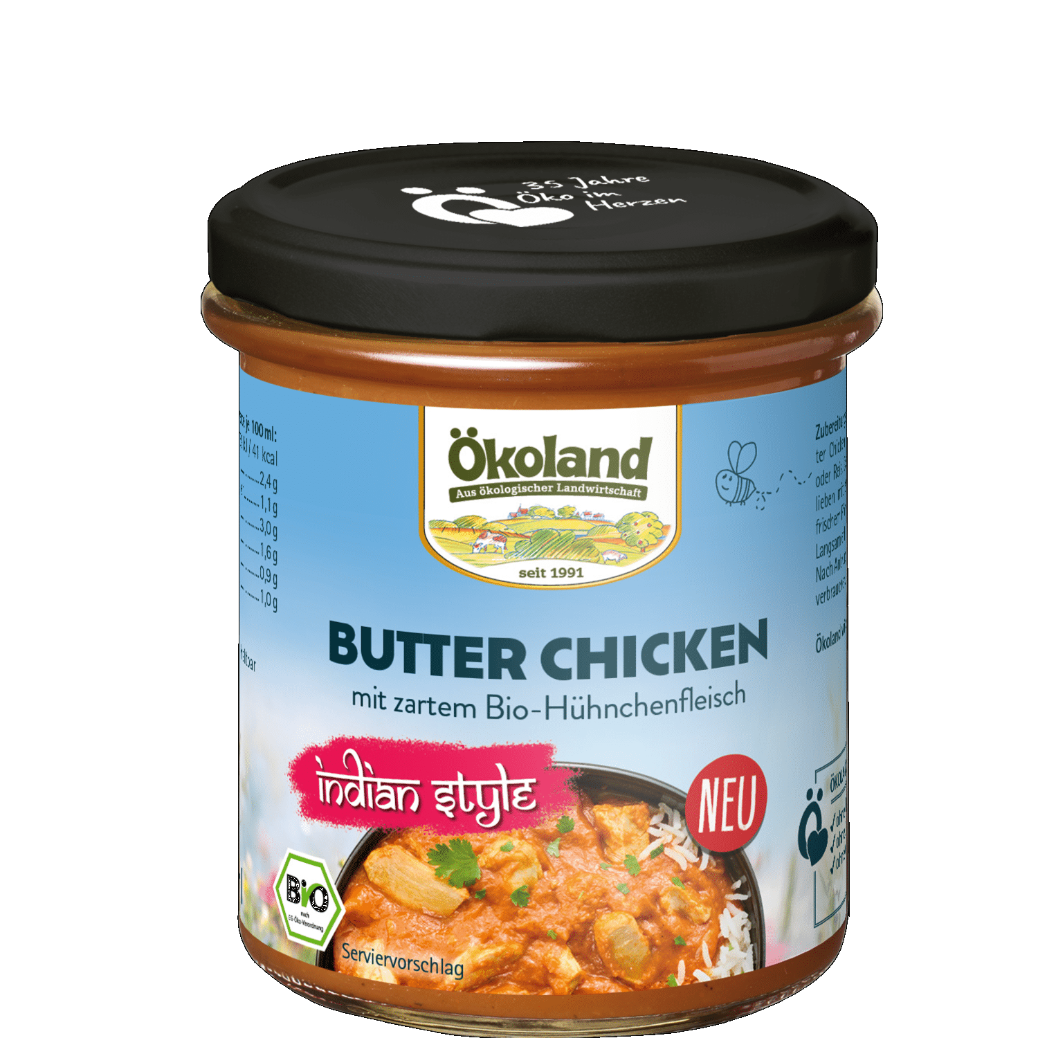 Zartes Bio-Hühnchenfleisch wird zusammen mit einer exotisch würzigen Sauce nach indischer Art serviert. 