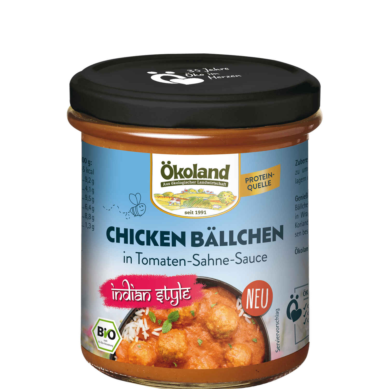 Bio Chicken Bällchen aus Geflügelfleisch, gegart, in einer würzigen Sauce nach indischer Art